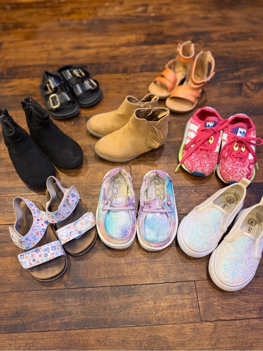 Toddler Girls Shoe Bundle lot Size 6 Adidas, Hey Dude, Sandals, Boots